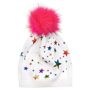 NWT Maniere Girls Foil Star  Fur Pom Pom  Hat